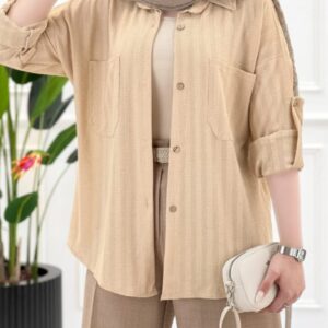 شومیز مانتویی دخترانه و زنانه با یقه مردانه، آستین پاگن‌دار و جیب جلوی تزیینی، مناسب فصول گرم و ست با انواع شلوار